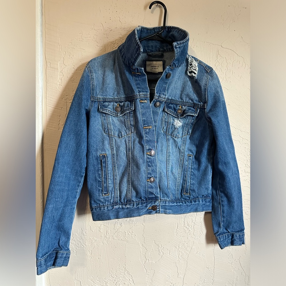Forever 21 Distressed Denim Jean Jacket- Size Medium